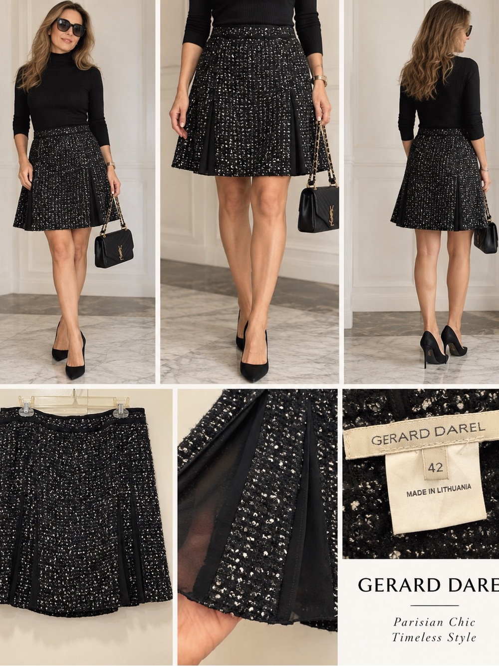 Gerard Darel Black Tweed Pleated Skater Skirt